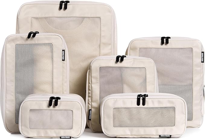 Aerotrunk Compression Packing Cubes for Travel - Luggage Organizer Bags - Double Zipper Packing Cubes for Suitcases (6-Pack, Beige)