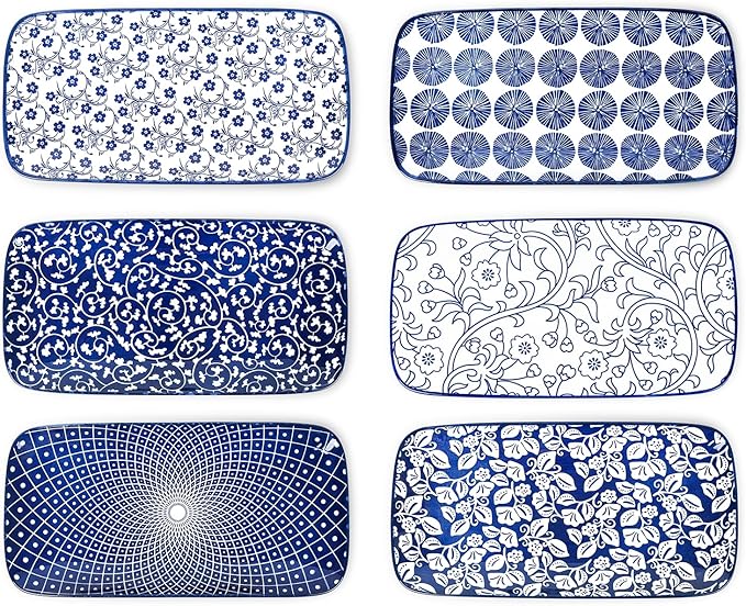 Selamica Ceramic Serving Platters, 12 Inch Serving Trays for Party Entertaining, Large Rectangular Serving Plates for Food, Set of 6, Vintage Blue
