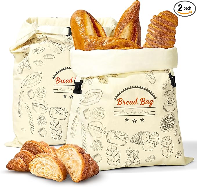 BuyCard 2 Packs Bread Bag Reusable Beeswax Food Storage Bag, Natural Cotton with Bread Pattern Design, Zipper Reusable Bread Bags for Homemade Loaf, Large Size for Fresh Baked Goods Storage