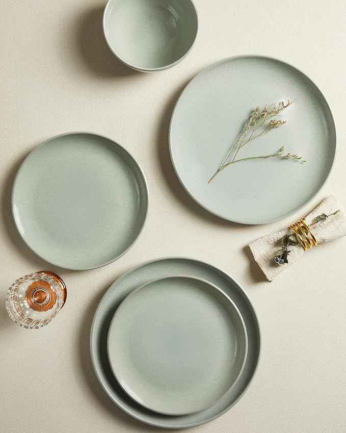 24 Piece Dinnerware Set for 8, Santorini Mist Terracotta Plates and Bowls Sets, Complete Stoneware Dish Set for Large Families and Entertaining, Microwave & Dishwasher Safe, Slate Green