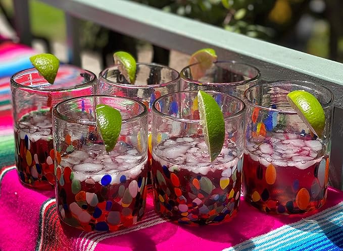Dos Sueños Hand Blown Mexican Drinking Glasses – Set of 6 Confetti Carmen Tumbler Glasses (10 oz each)
