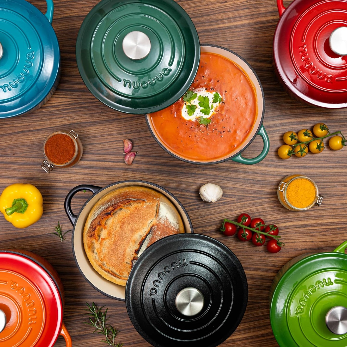 Cast Iron Dutch Oven with Lid – Non-Stick Ovenproof Enamelled Casserole Pot – Sturdy Dutch Oven Cookware – Green, 7.3-Quart, 30cm – by Nuovva