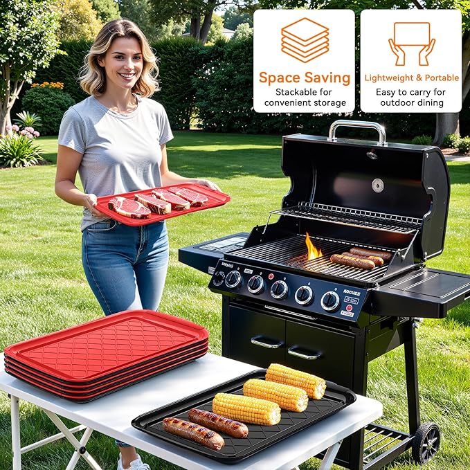 Serving Trays for Party - Set of 4, Large Serving Platters for Raw and Cooked Food, Dishwasher Safe, 17×10.5-inch Stackable Plastic Party Supplies for Grilling, BBQ, Meal Prep (Red, Black)