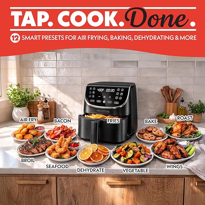 Gourmia Air Fryer - 7 Qt Large Capacity with LED Display, 12 One-Touch Presets, FryForce 360° Technology, Nonstick Dishwasher-Safe Basket & Crisper Tray, Black