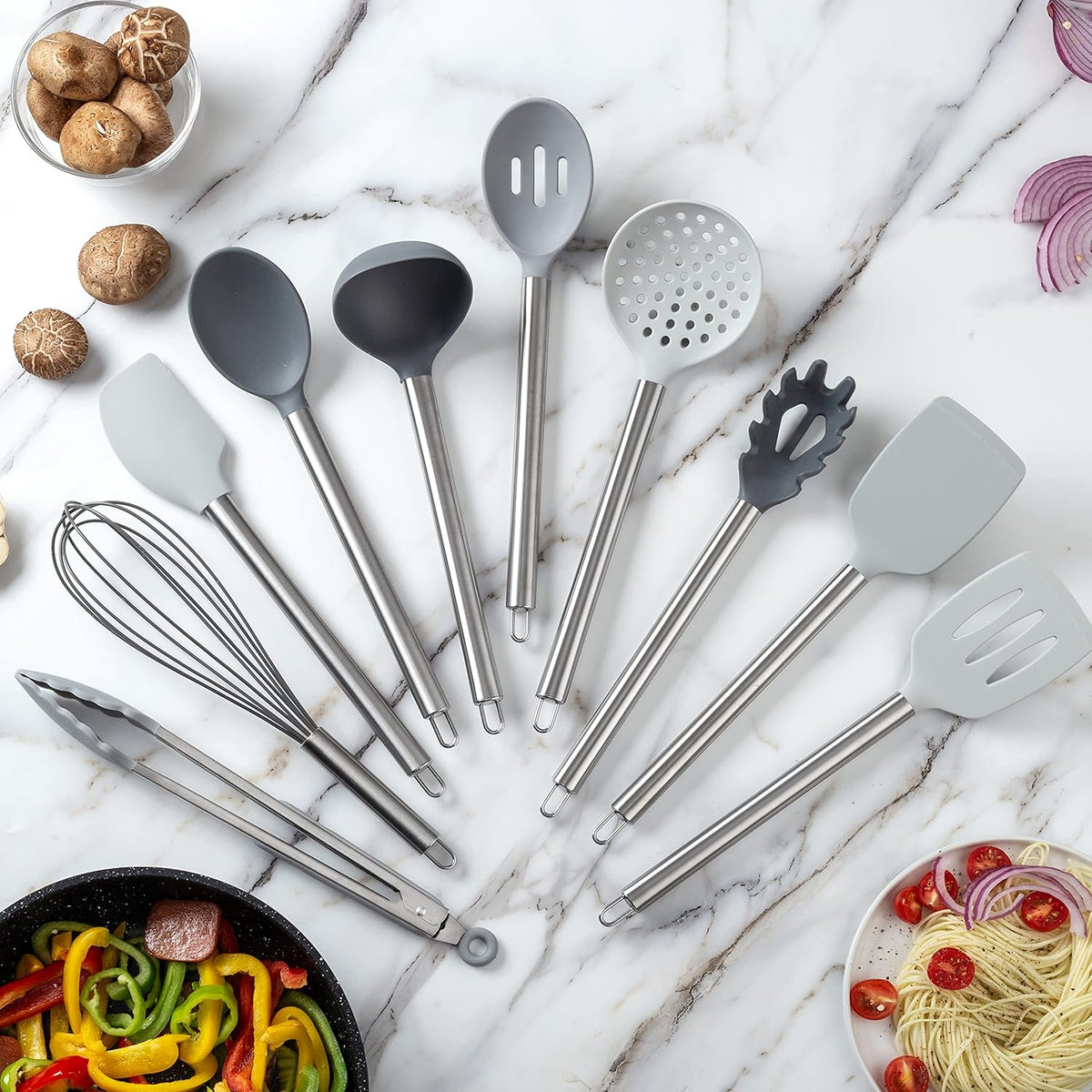 COOK WITH COLOR Silicone Cooking Utensils, Kitchen Utensil Set, Easy to Clean Silicone Kitchen Utensils, Cooking Utensils for Nonstick Cookware, Kitchen Gadgets Set, 10 Pieces, Grey Ombre