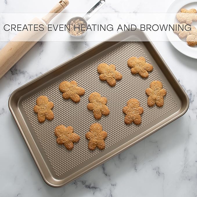 Kitchen Details Pro Series Medium Baking Sheet | Dimensions: 15.5" x 10.6" x 1" | Nonstick | Gold | Textured Diamond Base | Easy to Clean | Safe up 500 Degrees | Bakeware | Kitchen