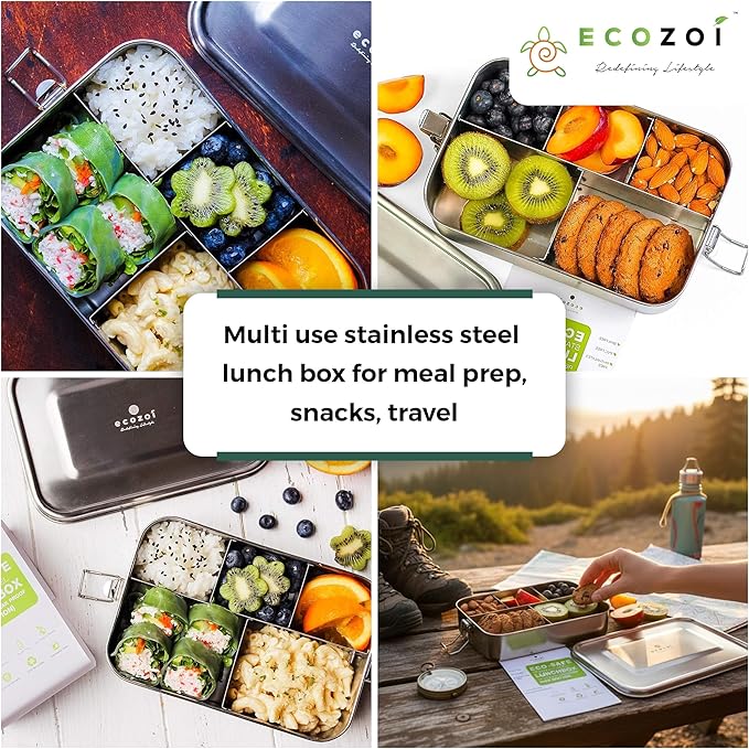 ecozoi Stainless Steel Lunch Box, 1-Tier Metal Bento Box Leak Proof with 5 Compartments, 50 Oz Metal Lunch Container, Meal Prep Food Container, with 50 ml Sauce Container