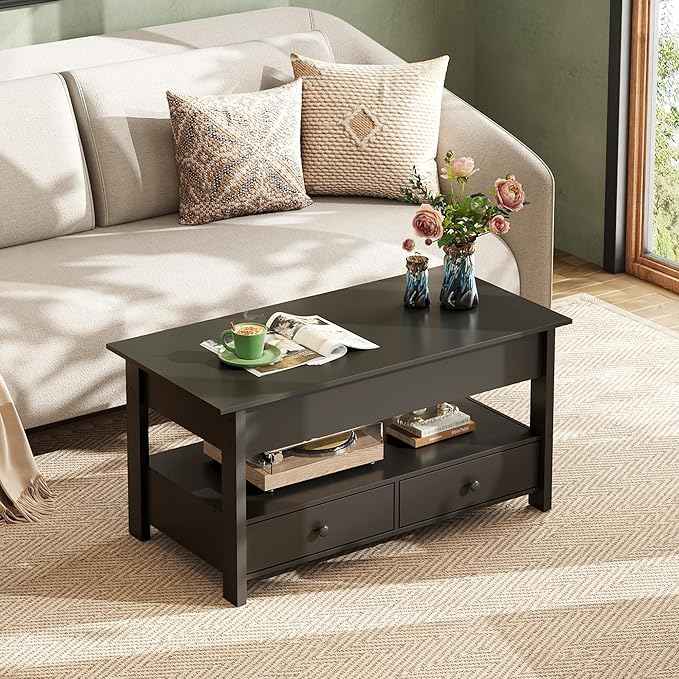 WLIVE Coffee Table, Lift Top Coffee Table with 2 Drawers, Large Hidden Compartment and Open Storage Shelf, Lift Tabletop, Dining Table for Living Room, Black