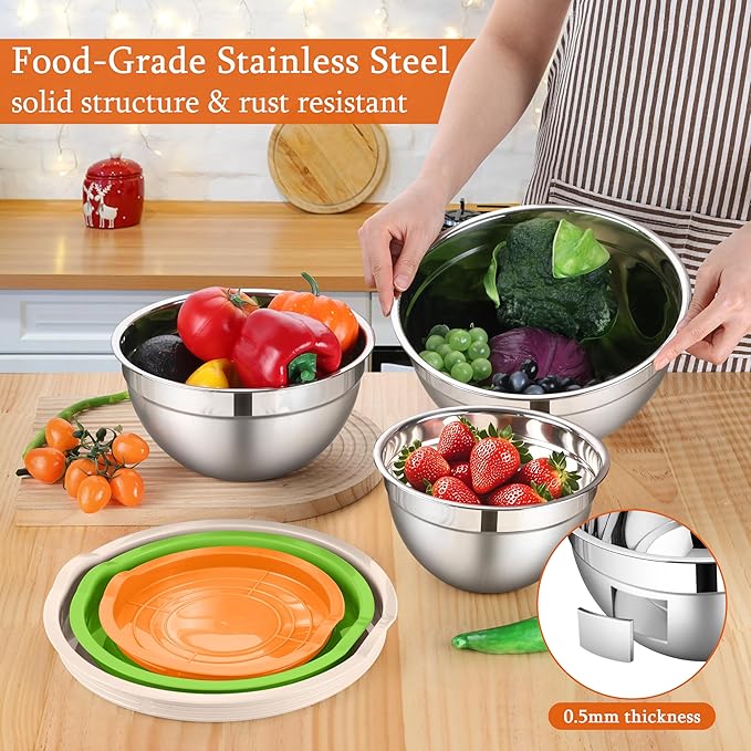 LIANYU Stainless Steel Metal Mixing Bowls, 3 Sizes Large and Small Salad Mixing Bowl Sets, Include Airtight Lids, Ideal for Kitchen Storage, Prepping, Baking, Three-Color
