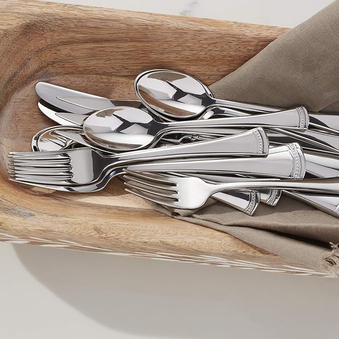 Lenox Silverware Set For 12, Portola 65-Piece Flatware Set with Serving Utensils, Service For 12, 18/10 Stainless Steel Flatware, Dishwasher Safe, Knives Spoons and Forks (Silver, 65 pieces)