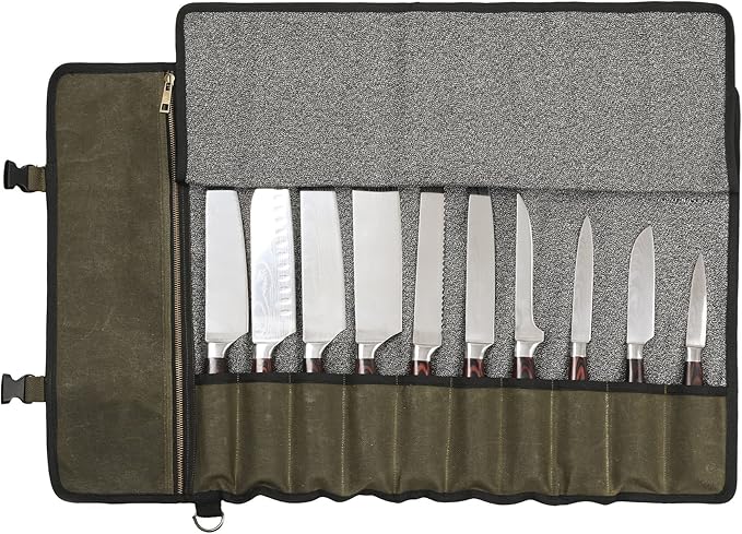 Denifiter Professional Chef's Knife Bag with Anti Cutting Fabric Inside, Heavy Duty 16oz Waxed Canvas, 10 Slots & 1 Large Zipper Pocket & Durable Handle(Army Green)