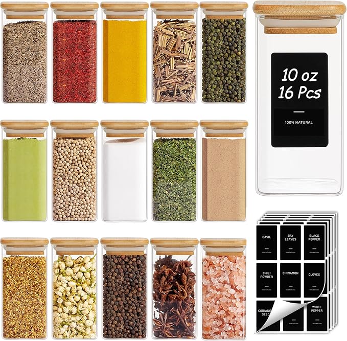 ComSaf 16Pcs Spice Jars with Labels, Glass Jar witj Bamboo Lid, 10oz Airtight Square Containers with Black Lables, Empty Seasoning Jars for Spice, Salt, Pepper, Sugar