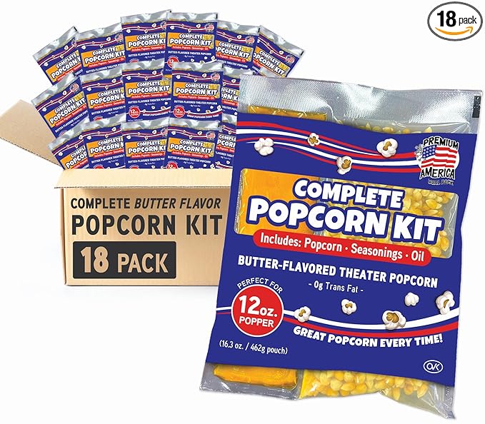 Premium America Popcorn Kit, 18 Packs for a 12oz Popper, Movie Theater & Popcorn Machine Kernels, Oil & Seasoning Packet, Bulk All in One