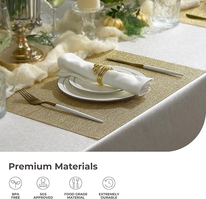 Leetaltree Gold Placemats Set of 24 - Heat Resistant Non-Slip Place mats for Dining Table, Washable Durable PVC Vinyl Woven Table Mats(Luxury Gold, 24)