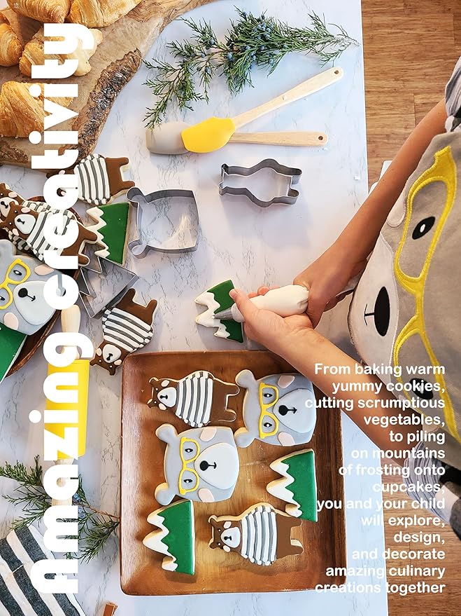 Kids Baking Set 35-Piece with Teddy Bear Apron, Kid Friendly Knives, Cookie Cutters, Rolling Pin, Cutting Board, Whisk, Real Silicone Kitchen Accessories for Cooking and More from Baker Buddy