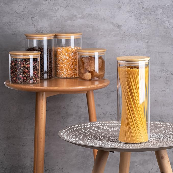 YUNCANG Glass Storage Jars [Set of 5],Clear Glass Food Storage Containers with Airtight Bamboo Lid Stackable Kitchen Canisters for Candy,Cookie,Rice,Sugar,Flour,Pasta,Nuts and Spice Jars(Square)