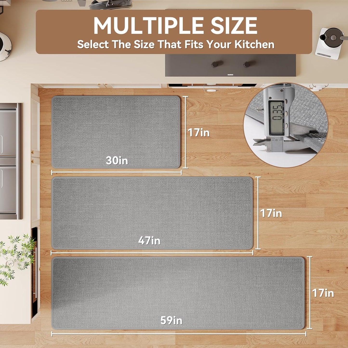 Kitchen Runner Rugs Non Slip Washable, Super Absorbent Cushioned Kitchen Mats for Floor, Linen-Look Woven Sink Mat Standing Floor Mat, Easy Clean, Gray 17"x59"
