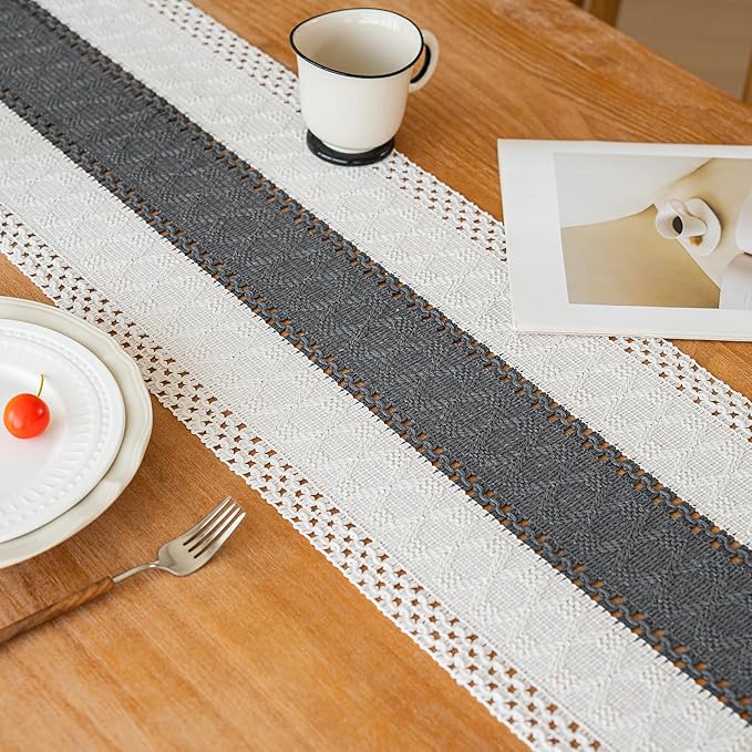 FEXIA Boho Table Runner for Home Decor with Tassels 60 Inches Long,Grey Farmhouse Rustic Table Runner Macrame Burlap Table Decoration for Living Room Bridal Shower(12x60 Inches)