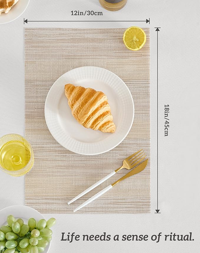 Leetaltree Lightsteel Beige with Yellow Placemats Set of 6 - Heat Resistant Non-Slip Place mats for Dining Table, Washable Durable PVC Vinyl Woven Table Mats (Lightsteel Beige with Yellow, 6)