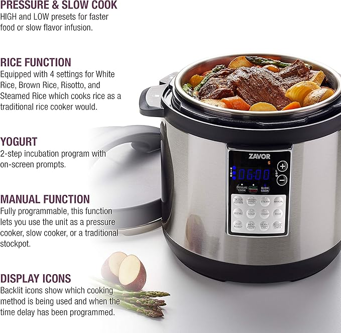 Zavor LUX Edge, 8 Quart Programmable Electric Multi-Cooker: Pressure Cooker, Slow Cooker, Rice Cooker, Yogurt Maker, Steamer and more - Stainless Steel (ZSELE03)