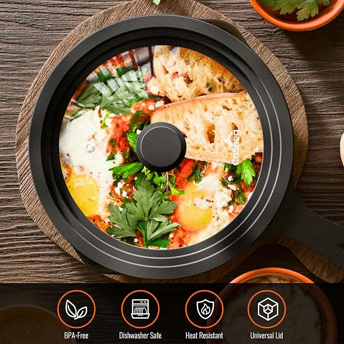 Universal Lids for Pots, Pans and Skillets, 7", 8" and 9" Pan Lid, Tempered Glass Pot Lid with Silicone Rim Heat Resistant, Replacement Pan Cover for Frying, Cookware & Bakeware Lids, Black