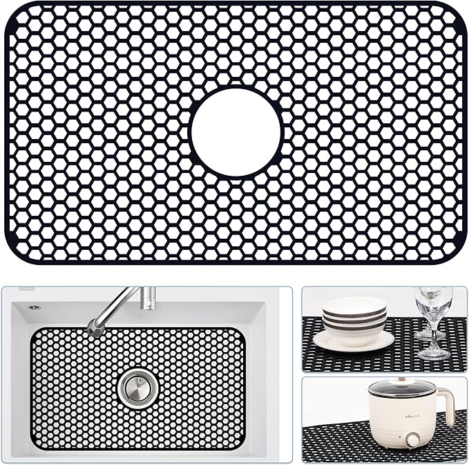 Bestjing Silicone Sink Protectors for Kitchen Sink with Center Drain, 26"x 14" Kitchen Grid Accessory, Non-Slip Heat-Resistant Mat for Bottom of Farmhouse Porcelain Stainless Steel (Center Hole,Black)