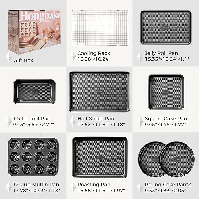 HONGBAKE 9-Piece Baking Pans Set Nonstick, Stackable Non Toxic Bakeware Sets with Diamond Texture, Oven Pan Set for Cooking, Includes Cookie Sheet with Rack, Cake Pan, Roasting Pan, Muffin Tin, Gray