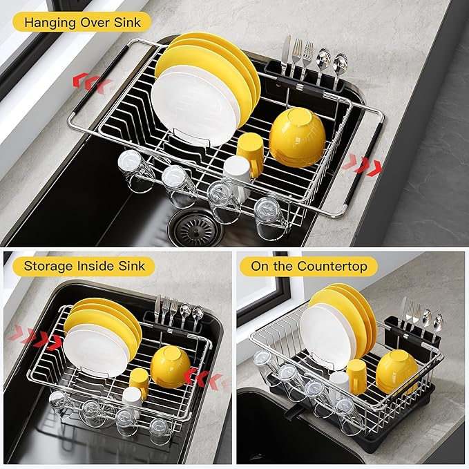 JASIWAY Dish Drying Rack in Sink, Expandable Stainless Steel Dish Drainers with Drainboard for Kitchen Counter, Space Saving Dish Dryer Rack, Over The Sink Dish Racks with Utensil Holder, Sliver