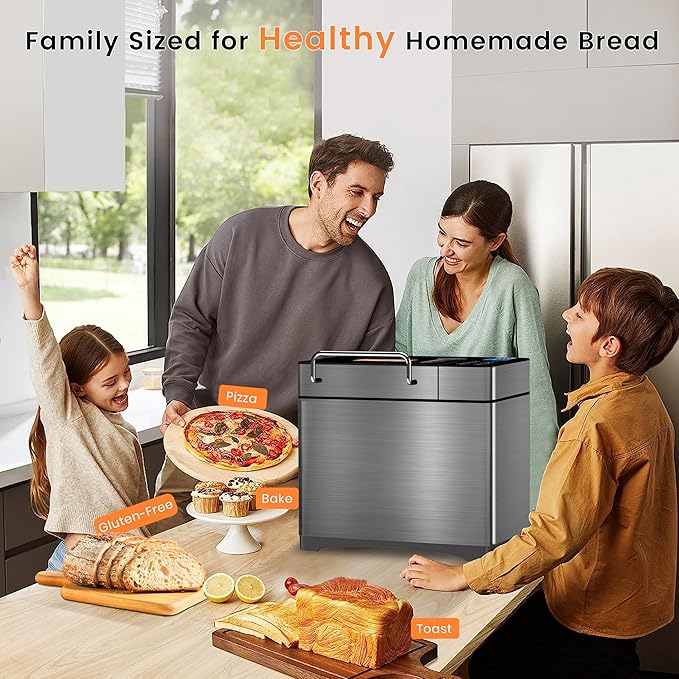 KBS 710W 2LB Bread Maker Dual Heaters, 17-in-1 Stainless Steel Bread Machine with Healthy Ceramic Pan, Automatic Nut Dispenser, Tempered Glass Touch Panel, 3 Crust Colors, 15H Timer& Keep-Warm,Recipes