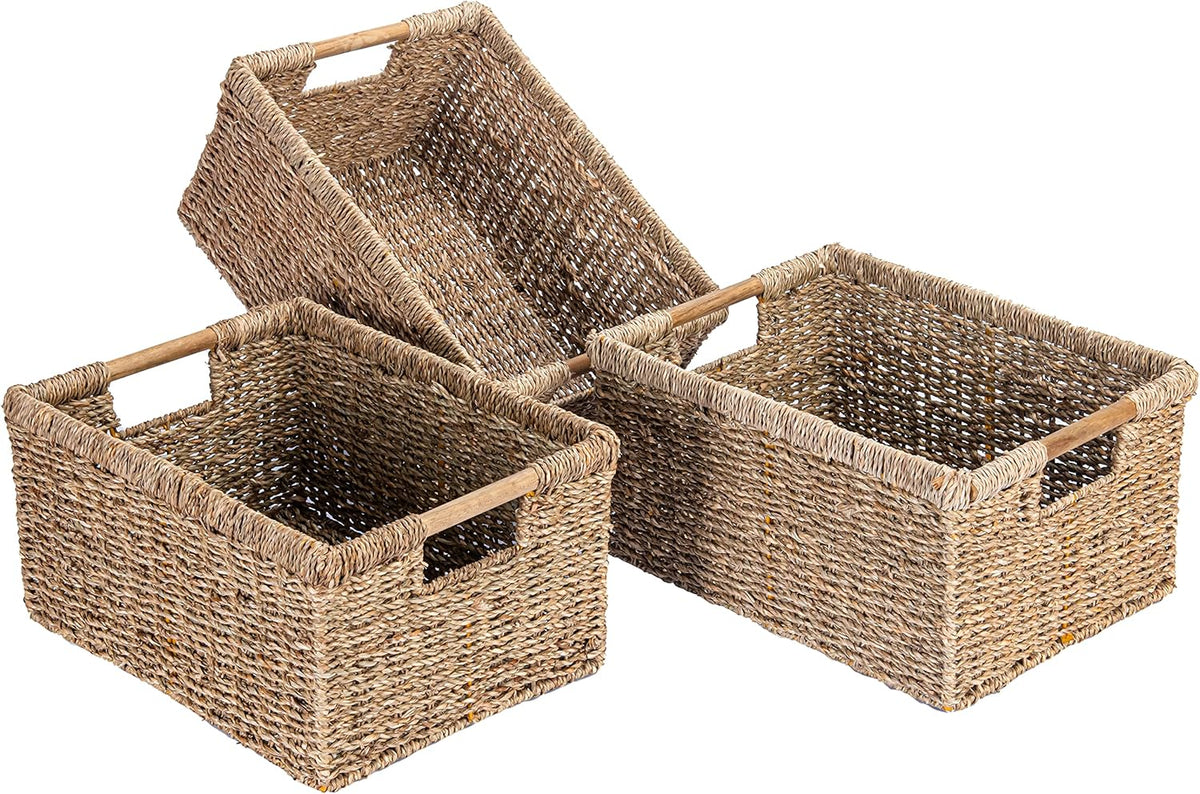 Large Wicker Basket Rectangular with Wooden Handles for Shelves, Seagrass Basket Storage, Natural Baskets for Organizing, Wicker Baskets for Storage - 3 Pack Large