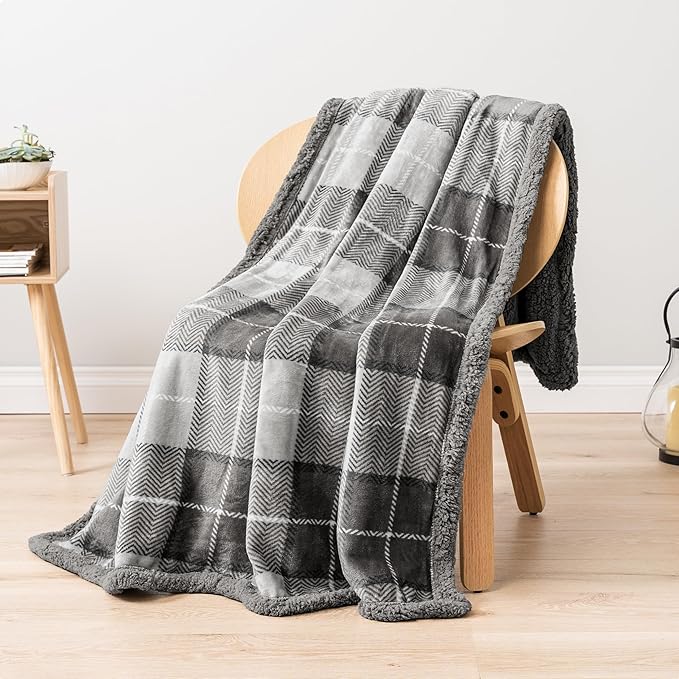 PAVILIA Light Grey Plaid Sherpa Throw Blanket for Couch, Plush Flannel Fleece, Soft Fuzzy Cabin for Sofa Bed, Warm Cozy Winter Gift, 50x60