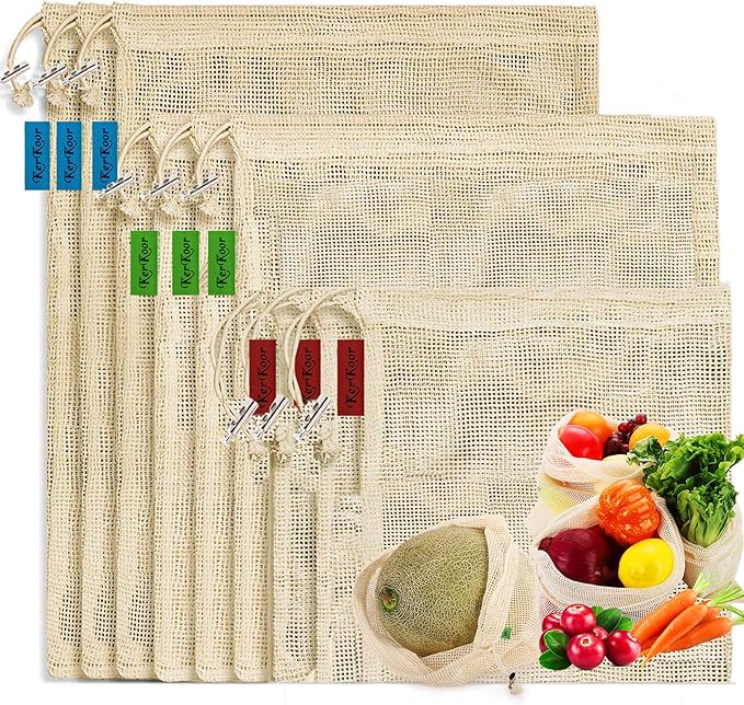 Reusable-Cotton-Mesh-Produce-shopping-Bags-Washable Eco Friendly Premium See Through Lightweight Net zero Bulk Bags for Veggie Fruit Vegetable Grocery Storage (9 Packs)