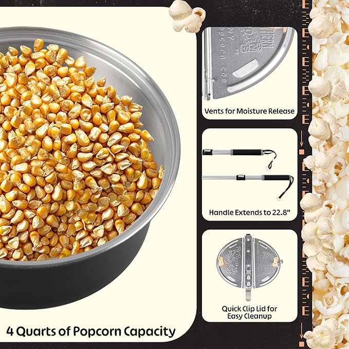 Campfire Popcorn Popper - Old Fashioned Popcorn Maker with Telescoping Handle - Camping Gear by Great Northern Popcorn (Black)