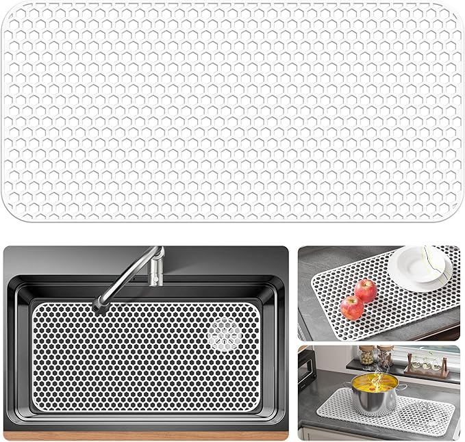 Bestjing Silicone Sink Protectors for Kitchen Sink - 28.4"x 14.3" Kitchen Protector Accessory, Non-Slip Heat Resistant Mat for Bottom of Farmhouse Porcelain Stainless Steel (White)