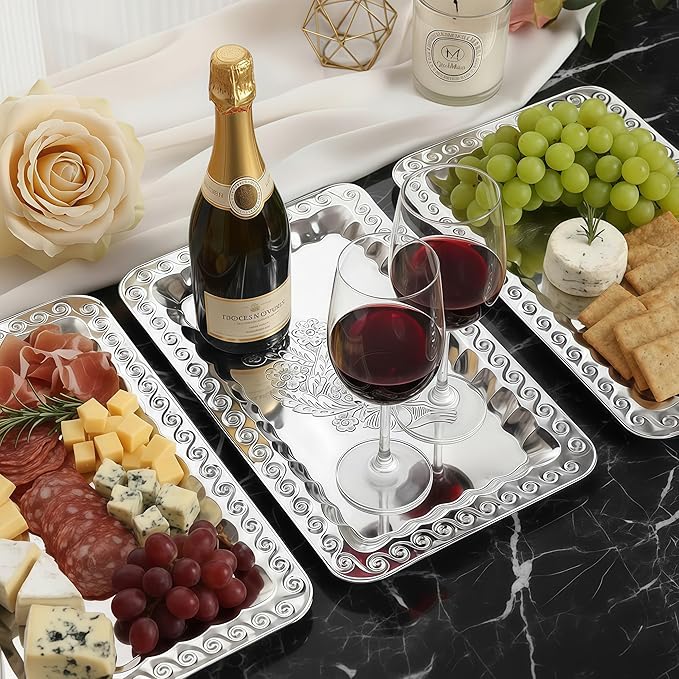 6-Pack Silver Serving Trays Set (14" x 9") – Swirl Floral Engraved Serving Platters for Parties, Weddings, Birthdays, Festive Occasions – Mirror Trays for Charcuterie, Cookies, Desserts, Snacks, Fruit