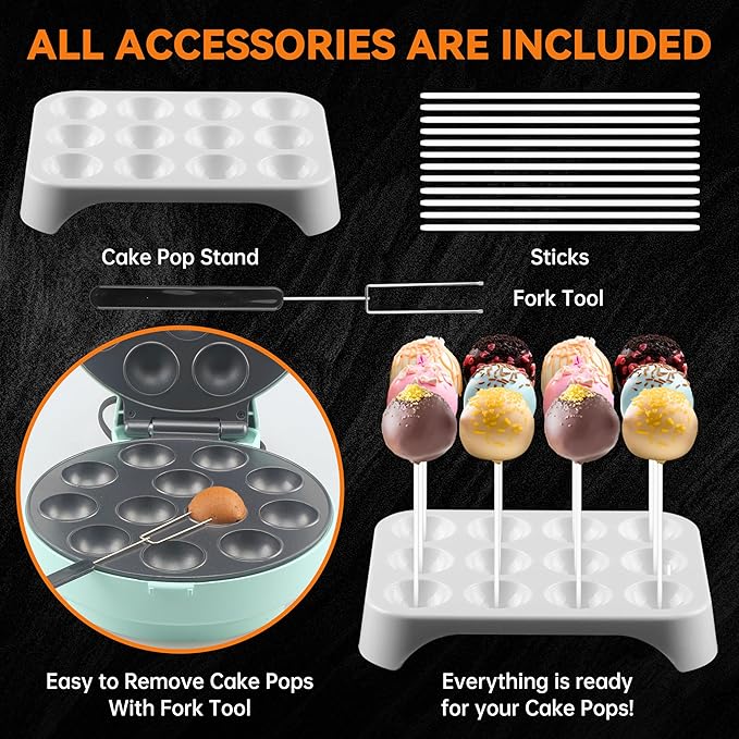 Baker's Friend Cake Pop Maker Machine Set with Cake Pop Stand, Sticks & Fork Tool, 12 Cake Pops Capacity, Aquamarine