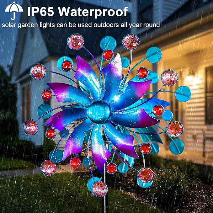 Solar Wind Spinner for Yard and Garden – 61 Inch Outdoor Metal Kinetic Sculpture with Multi-Color LED Glass Ball Light – Waterproof Windmill Stake for Patio, Lawn, and Pathway Decoration (Blue)