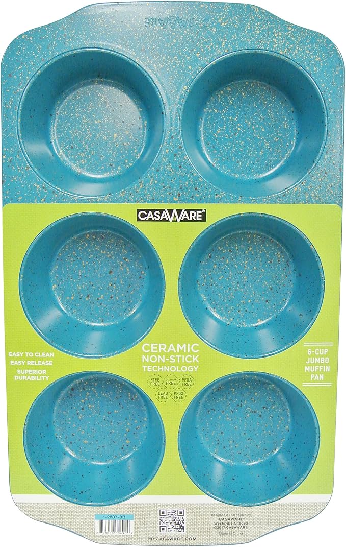 casaWare Jumbo Muffin Pan 6 Cup Ceramic Coated Non-Stick (Blue Granite)