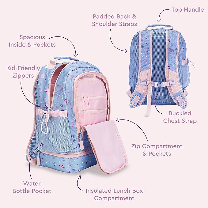 Bentgo Kids 2-in-1 Backpack & Insulated Lunch Bag - Durable 16” Backpack & Lunch Container in Unique Prints for School & Travel - Water Resistant, Padded & Large Compartments (Lavender Galaxy)