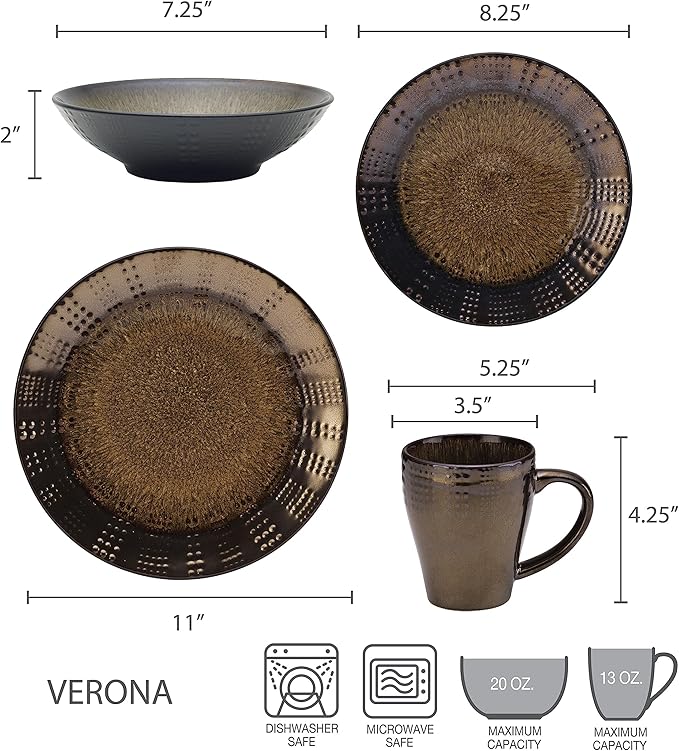 Mikasa Gourmet Basics Verona 16-Piece Stoneware Dinnerware Set, Service for 4, Includes Dinner Plates, Salad Plates, Soup Bowls and Mugs, Dishwasher and Microwave Safe