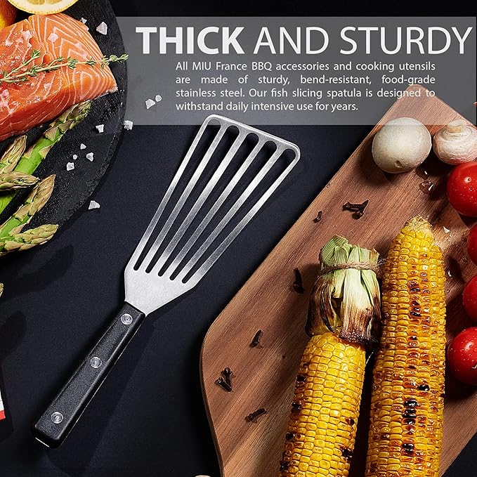 Slotted Stainless Steel Fish Spatula - 11-inch Thin, Heat Resistant with ABS Handle - Turner for Meat, Eggs, Nonstick Cookware