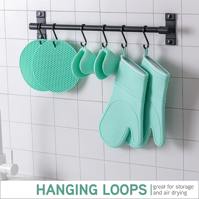 COOK WITH COLOR Silicone Oven Mitts- Heat Resistant Gloves with Soft Quilted Lining Oven Mitt Pot Holders for Cooking and BBQ, Mint, Mitt Set