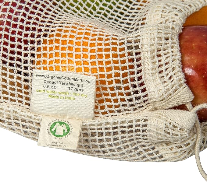 Reusable Mesh Vegetable Bags of 100% Organic Cotton - 6 Pieces Perfect Net Produce Bags - Eco-friendly, Bio-degradable & Washable Fruit, Vegetable & Produce Sacks (3 Medium, 3 Small)