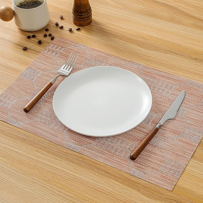 Leetaltree Coral Placemats Set of 12 - Heat Resistant Non-Slip Place mats for Dining Table, Washable Durable PVC Vinyl Woven Table Mats（Coral, 12）