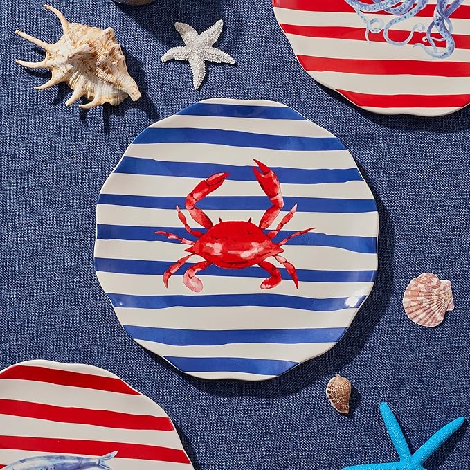 Bico Ocean Wonders Scalloped Dinner Plates Set of 4, 11 Inch Large Ceramic Plates for Pasta, Steak, Stylish Serving Dishes, Microwave and Dishwasher Safe, Gift for Housewarming and Thanksgiving