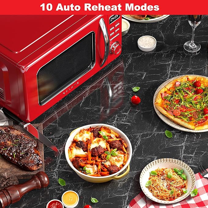 Galanz GLCMKZ11RDR10 Retro Countertop Microwave Oven with Auto Cook & Reheat, Defrost, Quick Start Functions, Easy Clean with Glass Turntable, Pull Handle, 1.1 cu ft, Red