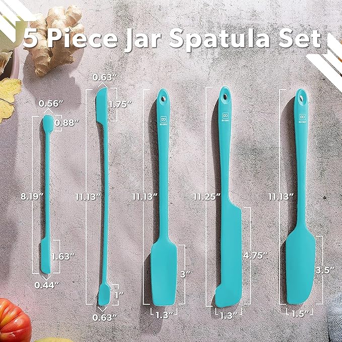 DI ORO Silicone Jar Spatulas for Scraping - Rubber Spatulas Silicone Heat Resistant - Kitchen Spatulas Nonstick Cookware Safe - Silicone Utensil Set for Blenders, Mixing, Baking, & Makeup (5pc, Teal)